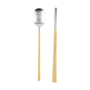 POLAATHOME Korean Macaron Spoon Chopsticks Set - 304 Stainless Steel Cutlery for Milk Tea & Rice, Beige