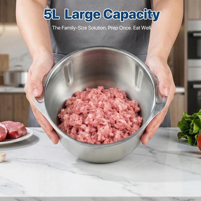 Newly Upgraded 5L Food Processor, Electric Multi-Functional Chopper with Meat Grinder and Vegetable, 5 Speed Modes, 6 Blades, Suitable for Onions, Ice, Nuts, Fruits, Garlic, Baby Food