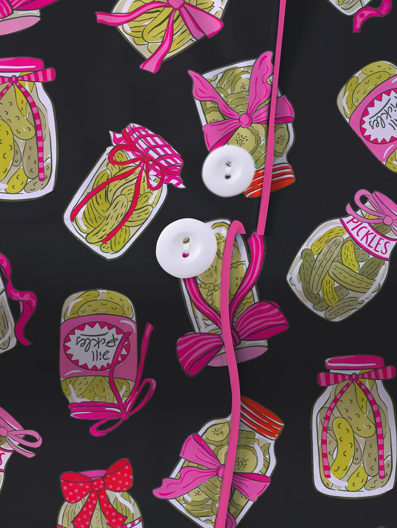 Elegant women's sleepwear set with knitted fabric short sleeved button top and shorts, pickled cucumber print home clothes, casual one-piece cartoon pattern sleepwear combination, lemon design essential short sleeved fashionable women's pocket style