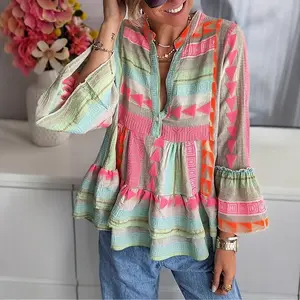 Fashion Women's Printed V-Neck Long Sleeve Elegant Shirt Top