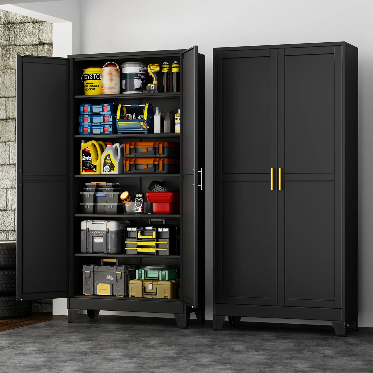 75.2" Tall Metal Kitchen Pantry Storage Cabinet with 2 Doors and 5 Adjustable Shelves – Kitchen Cabinet with Gold Handles for Kitchen, Bathroom, Dining Room, Living Room