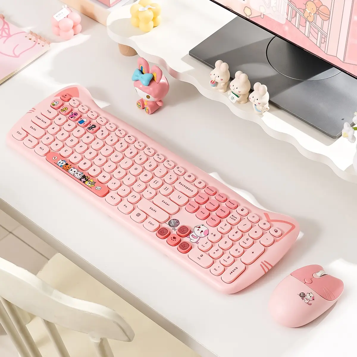 Mofii 1 Set Cute Pink Cartoon Cat Wireless Ergonomic Design Keyboard and Mouse Combo - Full-Size with Numeric Keypad, Compatible with Desktop/Laptop (US QWERTY, Batteries Not Included)