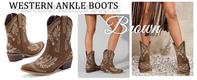 Rhinestone Ankle Cowboy Boots for Women Embroidered Short Cowgirl Boots with Low Heel Side Zipper Comfortable Chunky Heel Western Booties for Prom Party Wedding Pull On Shoe