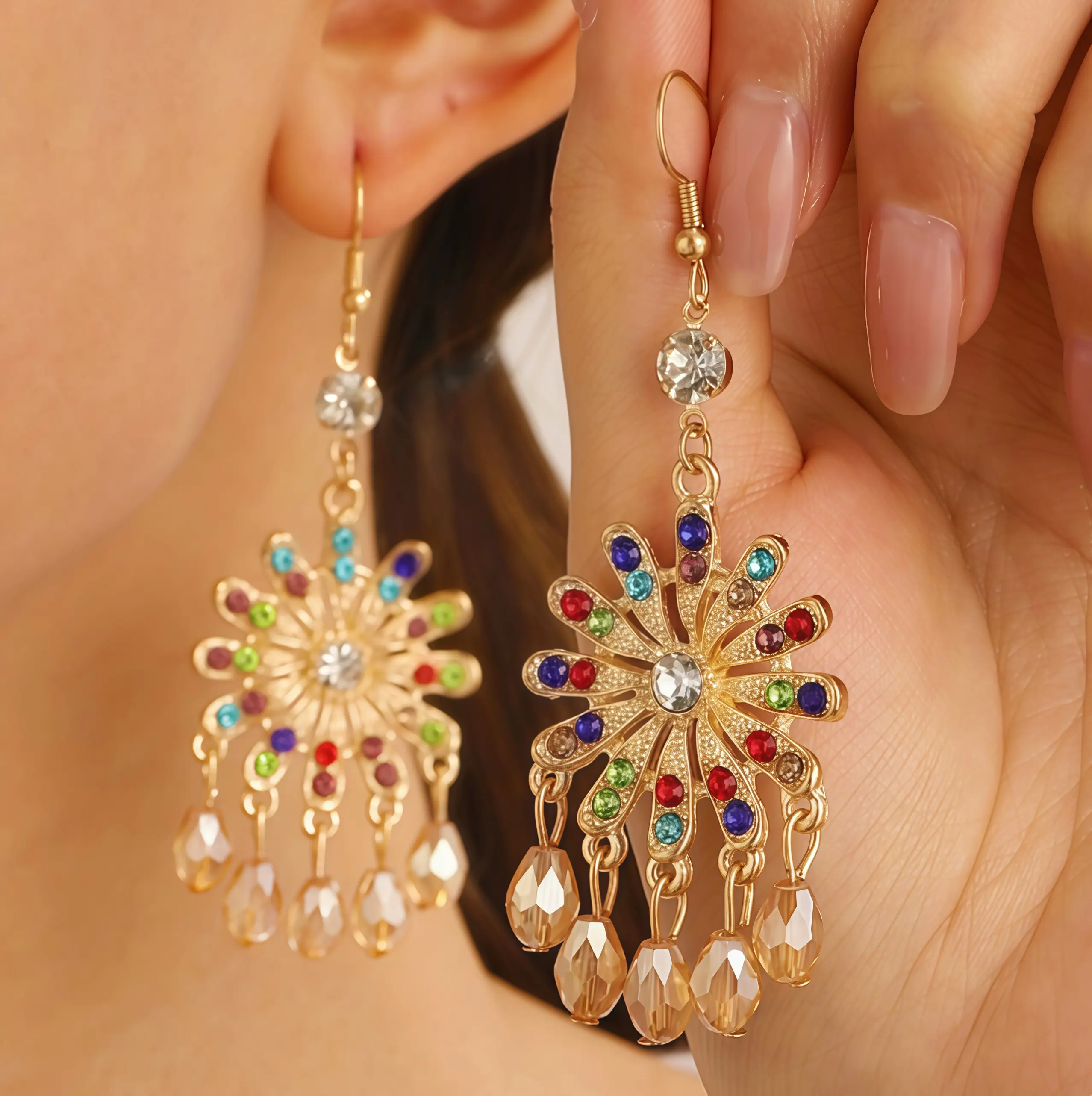 9 pairs per pack Boho Vintage Tassel Drop Earrings Set, Ethnic Indian Jhumka Style Earrings, Antique Gold/Silver Filigree Beaded & Crystal Dangle Earrings for Women