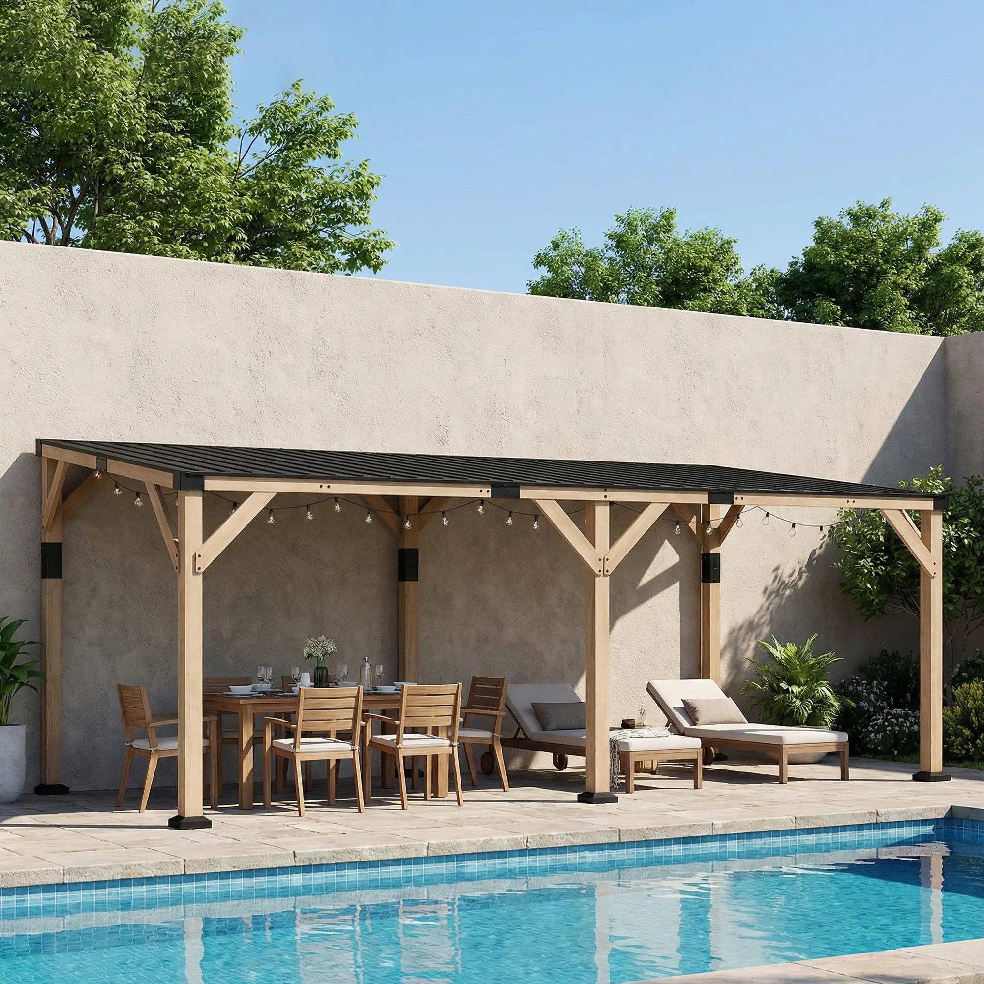 Outsunny 10'x20' Rectangular Light Walnut Sturdy Wooden Hardtop Roof Lean-to Gazebo Pergola, Galvanized Steel Sloped Roof Outdoor Shade Canopy with Sun Protection, Expansion Screws, Ground Stake (239.4" W x 119.7" D x 83.1"-96.1" H) for Patio, Backyard, U