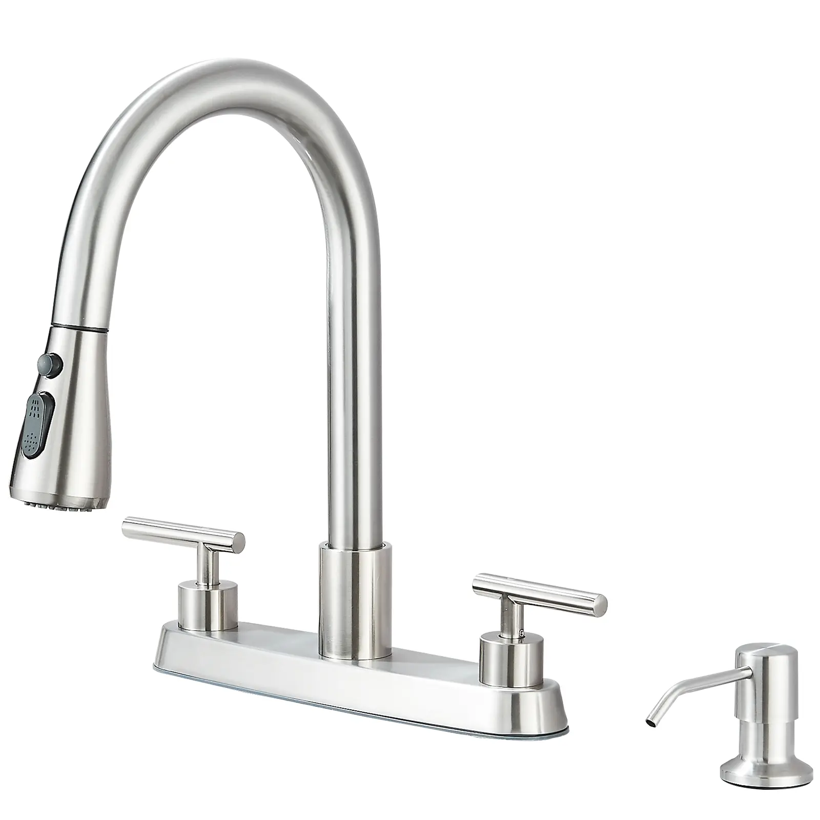 Kitchen Faucet with Pull Down Sprayer and Soap Dispenser, Brushed Nickel Dual Handle Kitchen Faucets for 3-4 Hole Sink 8'' Center Deck Mounted