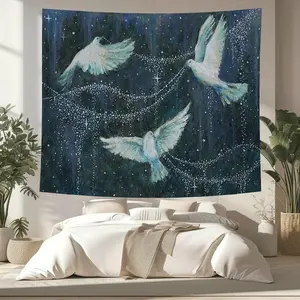 Dreamy Night Sky Birds & Stars Pattern Tapestry, 1 Count Aesthetic Wall Hanging Decor, Wall Art for Home Living Room Bedroom Office
