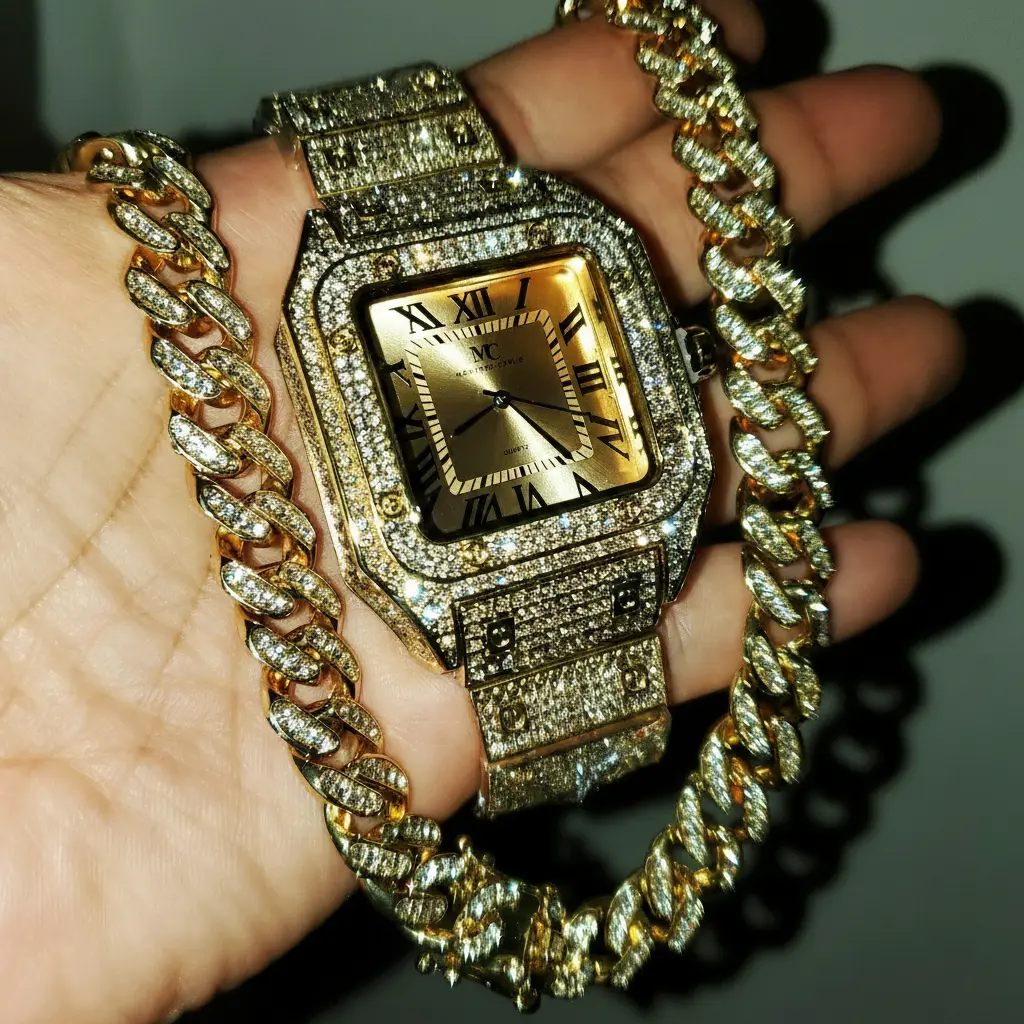 MaxBling81 Men's Gold-Plated Iced Out Watch and Cuban Link Chain Set | Hip-Hop Analog Watch with Lab Diamonds, 13mm 20" Chain, Batteries Included, Box Lock, Full Stone Miami Cuban Chain