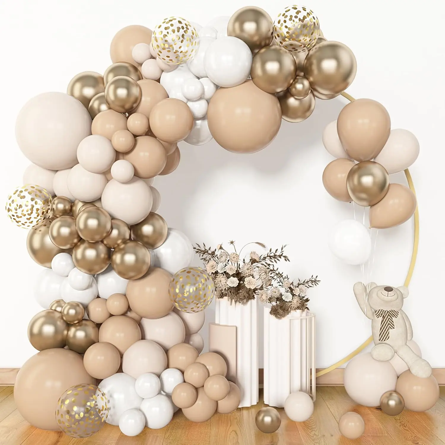 153 Count White Sand Balloon Garland Arch Kit, Different Sizes 18 12 10 5 inch Beige Cream Champagne Gold Latex Metallic Confetti Balloons for Boho Neutral Birthday Party Decorations