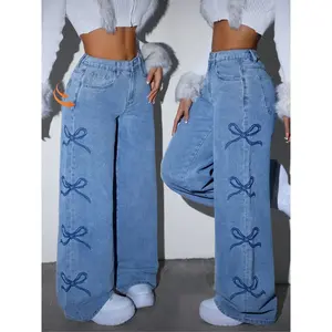 Women's loose wide leg pants with printed bow design, high waist fashionable elastic waist, perfect fit jeans, casual wear