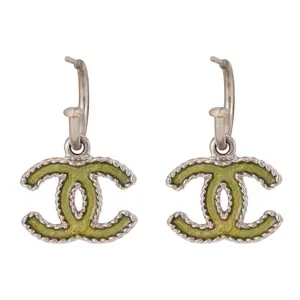 Pre-owned Chanel Silver Tone Hoop Earrings with Chartreuse Green Enamel CC Charm JLP012064