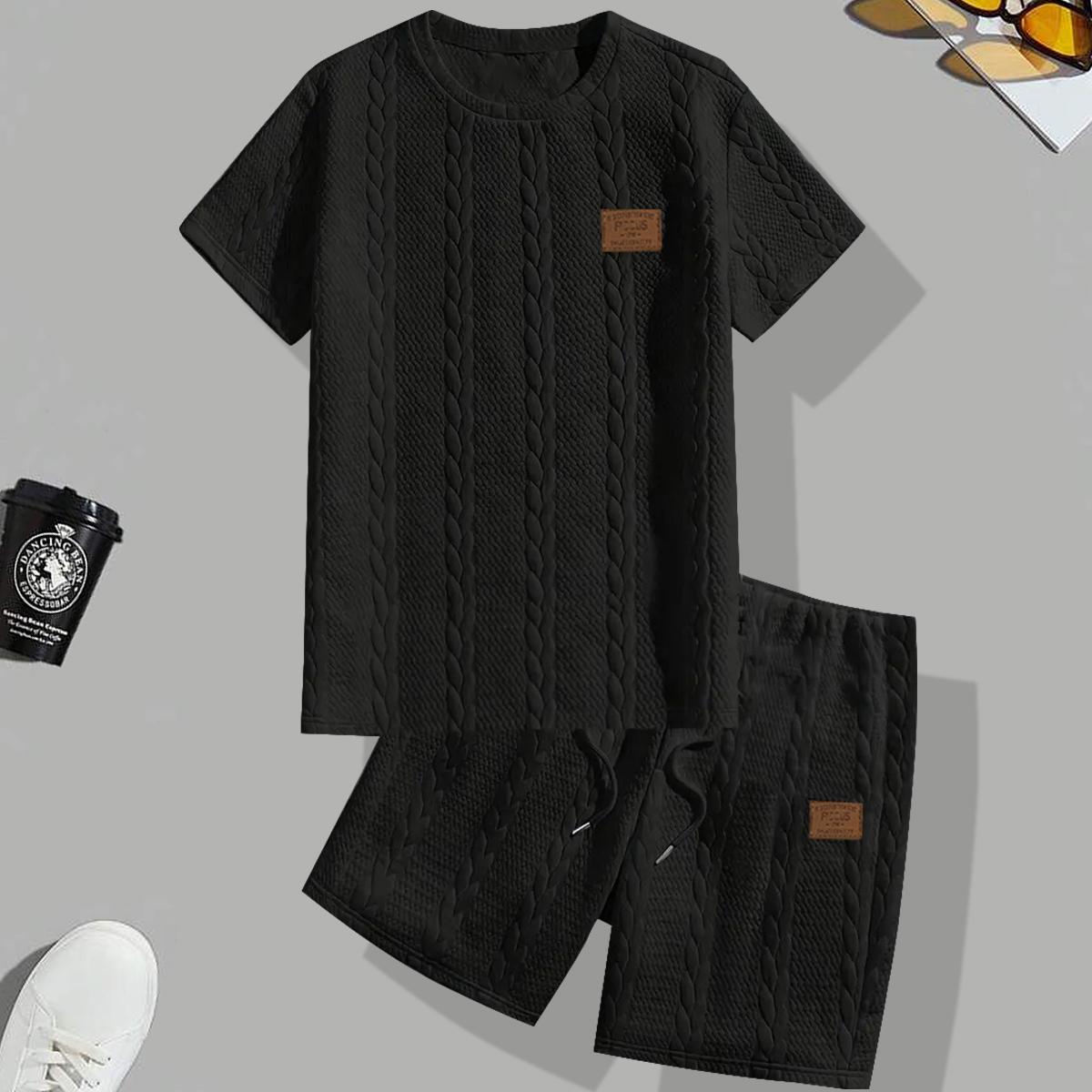 2-piece men's casual sports outfit - short-sleeved round-neck T-shirt and matching shorts, made of breathable polyester fiber, in solid color with side pockets, perfect for casual wear and light training, fitness shorts