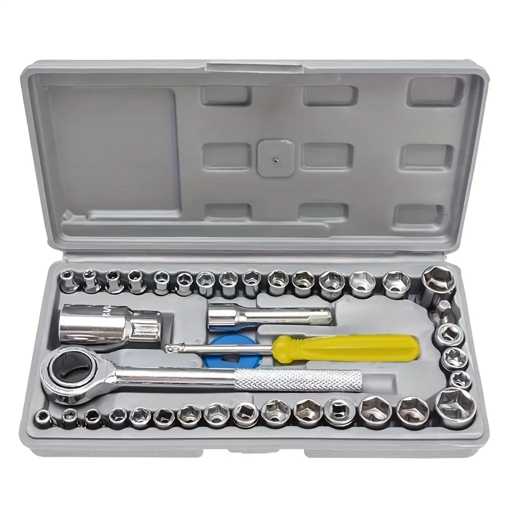 Practical Carbon Steel 40-Piece Ratchet Socket Wrench Set with Storage Case - 1/4-in & 3/8-in Drive SAE, Metric Sockets, Spinner Handle, Extension Bar Tools for Auto/Motorcycle Bolt Tightening, Repair Tasks, Tools And Gadgets, Cars Accessories