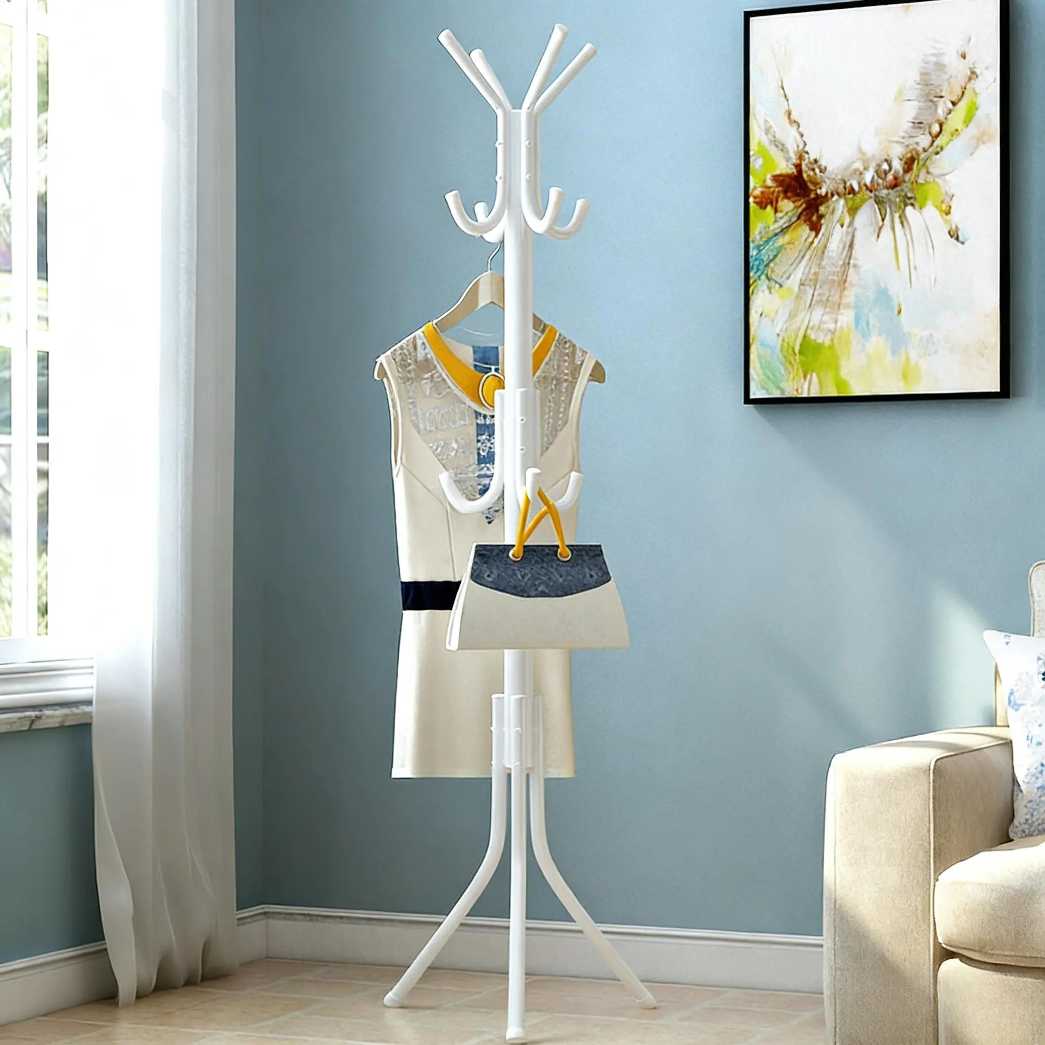 12-Hook Freestanding Clothes Rack - Modern Coat Rack, Indoor Furniture Home Organizer, Entryway Storage Solution for Coats, Hats, Jackets & Purses, 12 Hook Cot Rack