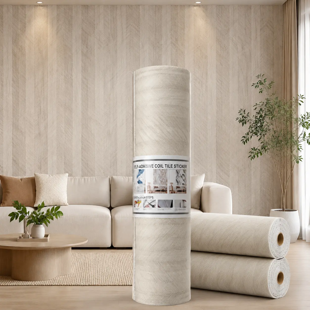 Modern IXPE Peel-and-Stick Herringbone Wood Wall Covering Roll, Self-Adhesive House Decor, Light Gray, 15.75"×118", 2.5mm Thick