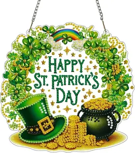 5D Diamond Painting Hanging Ornament Kit, St. Patrick's Day Shamrock & Leprechaun Hat Design, DIY Acrylic Suncatcher Craft for Irish Festival Home Decor & Gifts