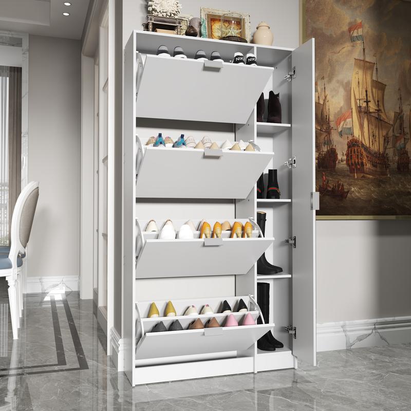FUFU&GAGA Special Side Mirror Design Shoe Storage Cabinet With 4 Layers for Living Room Hallway Flip Shoes Rack
