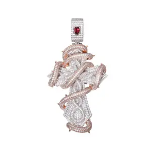 ②⓪Space ice Iced Out Snake Wrapped Cross Pendant Necklace - Two-Tone Silver & Rose Gold with 5A Cubic Zirconia, Red Gemstone Accent, Hip Hop Jewelry for Men & Women