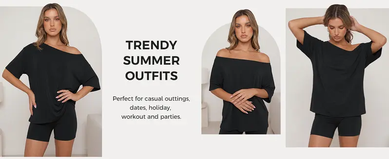 Fisoew Women's 2-Piece Lounge Set - Off-Shoulder Oversized Top & High-Waist Biker Shorts, Breathable Buttery-Soft Stretch Fabric, Casual Loungewear/Pajama Set for Home, Summer, Travel