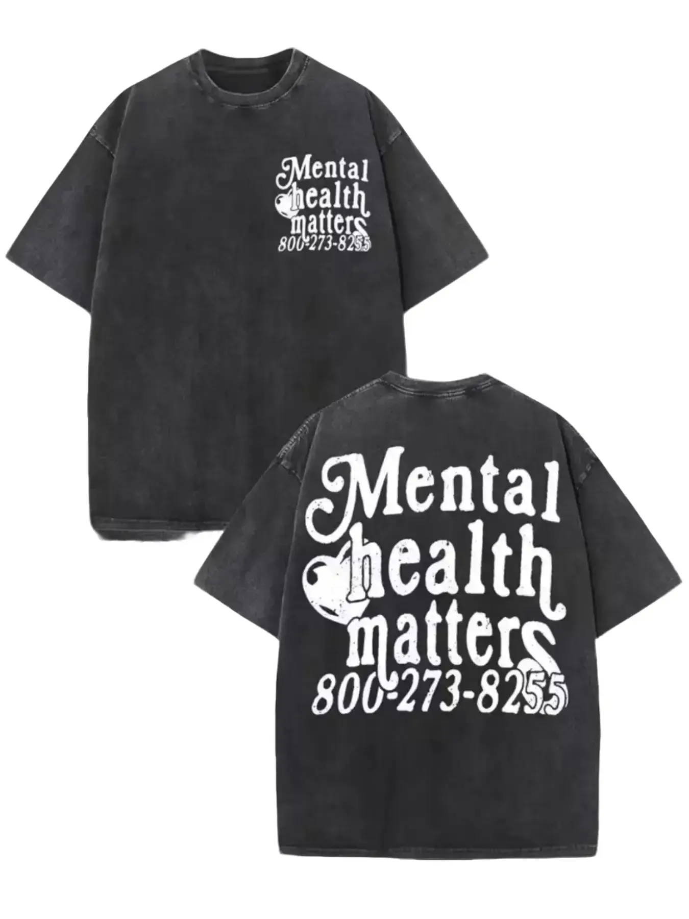 Unisex Cotton Distressed Graphic T-Shirt - Mental Health Awareness, Black Short-Sleeve, Loose-Fitting Oversized Round Neck, Fashion Casual Streetwear, Fathers Day Gift with Printed Phone Number, Menswear