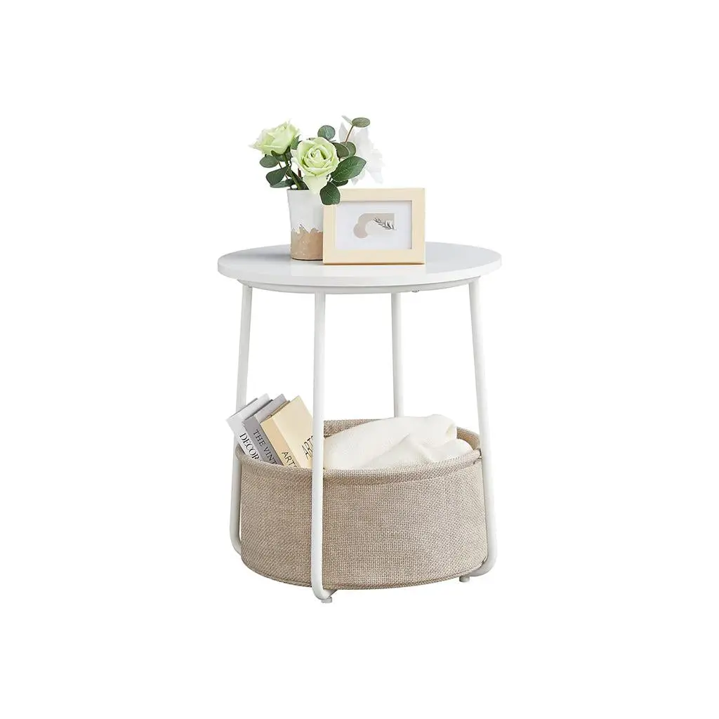 VASAGLE Furniture Nightstand - Modern Matte White Round Bedroom Side Table, Linen Texture Wood-Steel Indoor Table with Fabric Basket, 19.7" Height & U-Shaped Feet