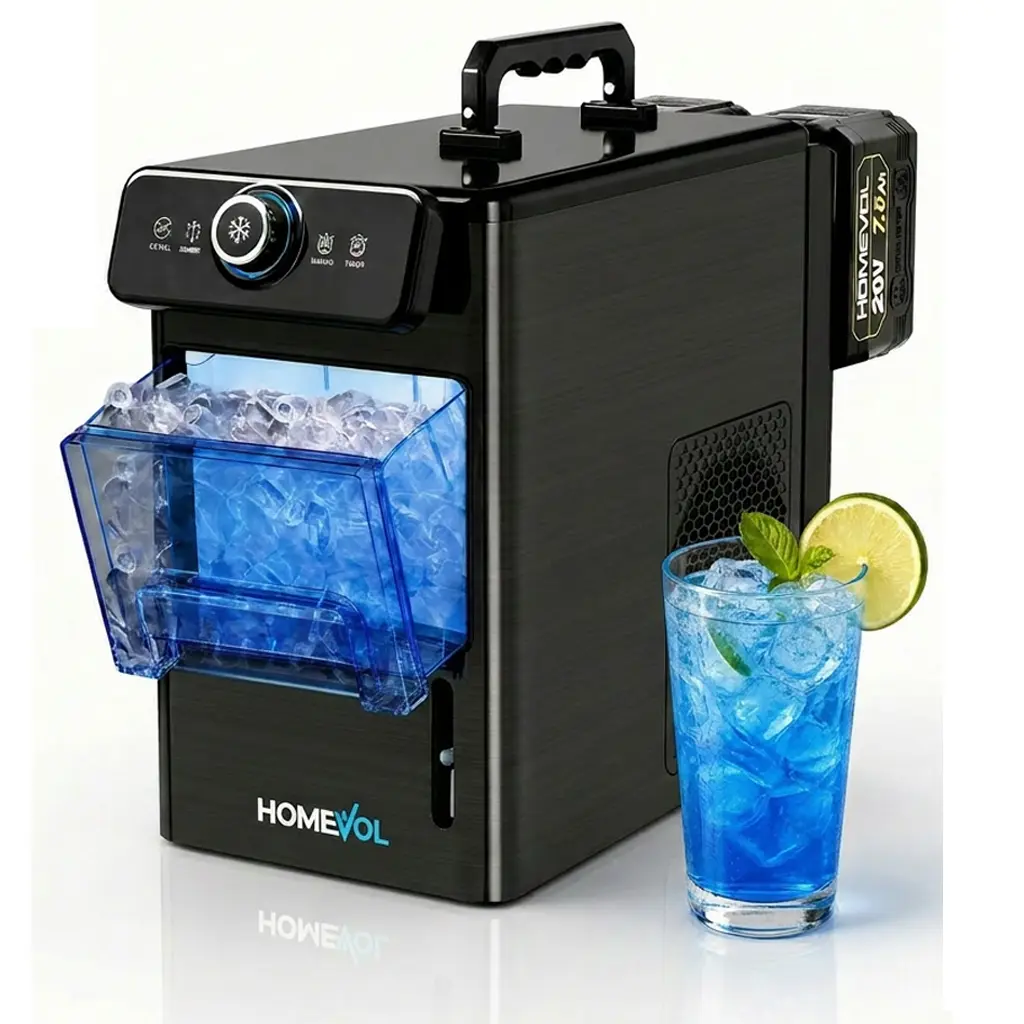 HOMEVOL Cordless Portable Ice Maker, Compatible with Dewalt 2*20V 7.8Ah Rechargeable Battery Powered Countertop Ice Machine with scoop, 6 Cubes in 6-8 Mins, 2 Ice Sizes, Auto Self-Cleaning, for Home, Kitchen, Camping, RV & Outdoor