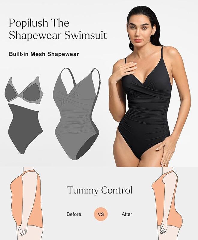 POPILUSH Ruched Cross-Front One-Piece Swimsuit Shapewear with Tummy Control Adjustable Straps High-Waisted Bathing Suit for Pool Beachwear POPILUSH Ruched Cross-Front One-Piece Swimsuit Shapewear with Tummy Control Adjustable Straps High-Waisted Bathing Suit for Pool Beachwear