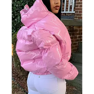 Women's Casual Polyester Cropped Puffer Jacket with Stand Collar, Solid Color, Zipper Closure, Slight Stretch, Loose Fit, Ideal for Fall/Winter Warmth Tops Hoodie