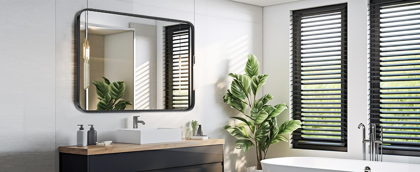 SweetFurniture Bathroom Mirror Wall Mirror for Bathroom Black Metal Framed Rounded Corner Rectangle Vanity Mirror, Large Mirrors for Wall, Anti-Rust