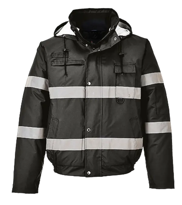 Portwest US434 Large Iona Lite Bomber Waterproof Hi-Vis Raincoat - Black, Regular, Reflective Polyester Clothing, Increased Visibility, Additional Insulation, Durable Build, 1 Inner Pocket, 2 Front Pockets, High-Visibility Reflective Raincoat, Hi-Vis Rain