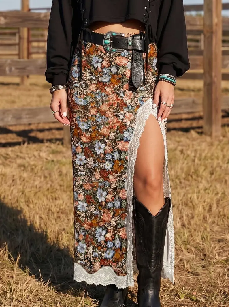 Women’s Cheetah Print Western Maxi Skirt, Lace Trim Patchwork Long Skirt with High Side Split and Metal Zip Detail, Relaxed Flowy Bottom for Everyday Wear and Western Outfits, Womenswear ,Bottom