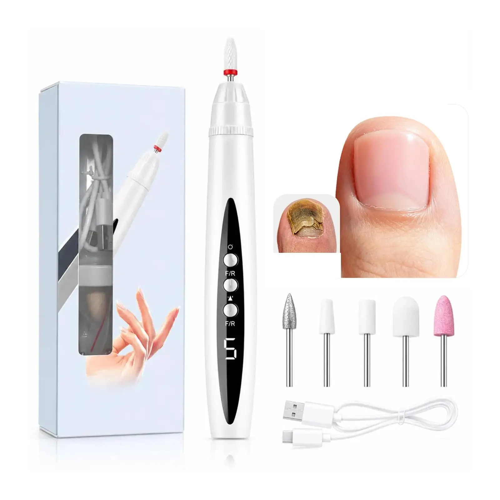 2-in-1 Electric Nail Drill with LED Nail Lamp, 5-Speed Adjustable Portable Rechargeable Nail Drill Machine, Professional Manicure/Pedicure Tool for Gel Nail Removal, White