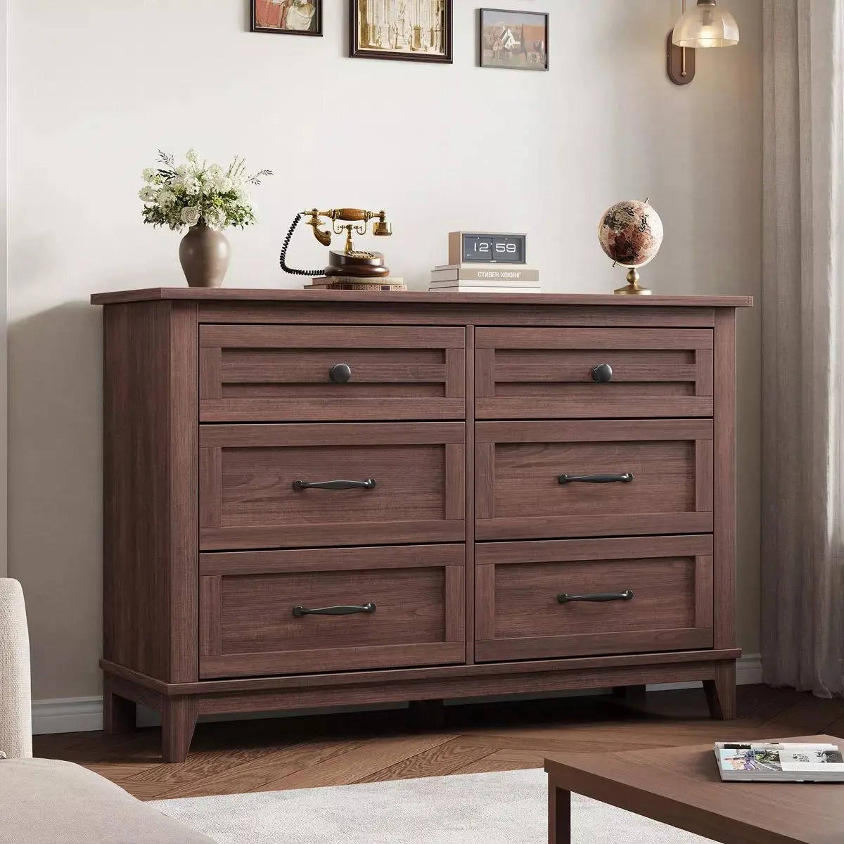 Versatile Classic Dark Brown Wooden Dresser with 6 Drawers, Elegant Cabinet for Living Room, Bedroom,
