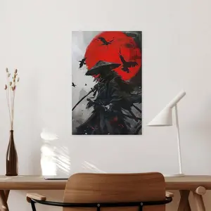 Moon & Ninja Pattern Canvas Painting Framed, Modern Abstract Canvas Wall Art, Wooden Wall Art, Wall Decor for Living Room, Bedroom, Office, Dormitory, or Gallery