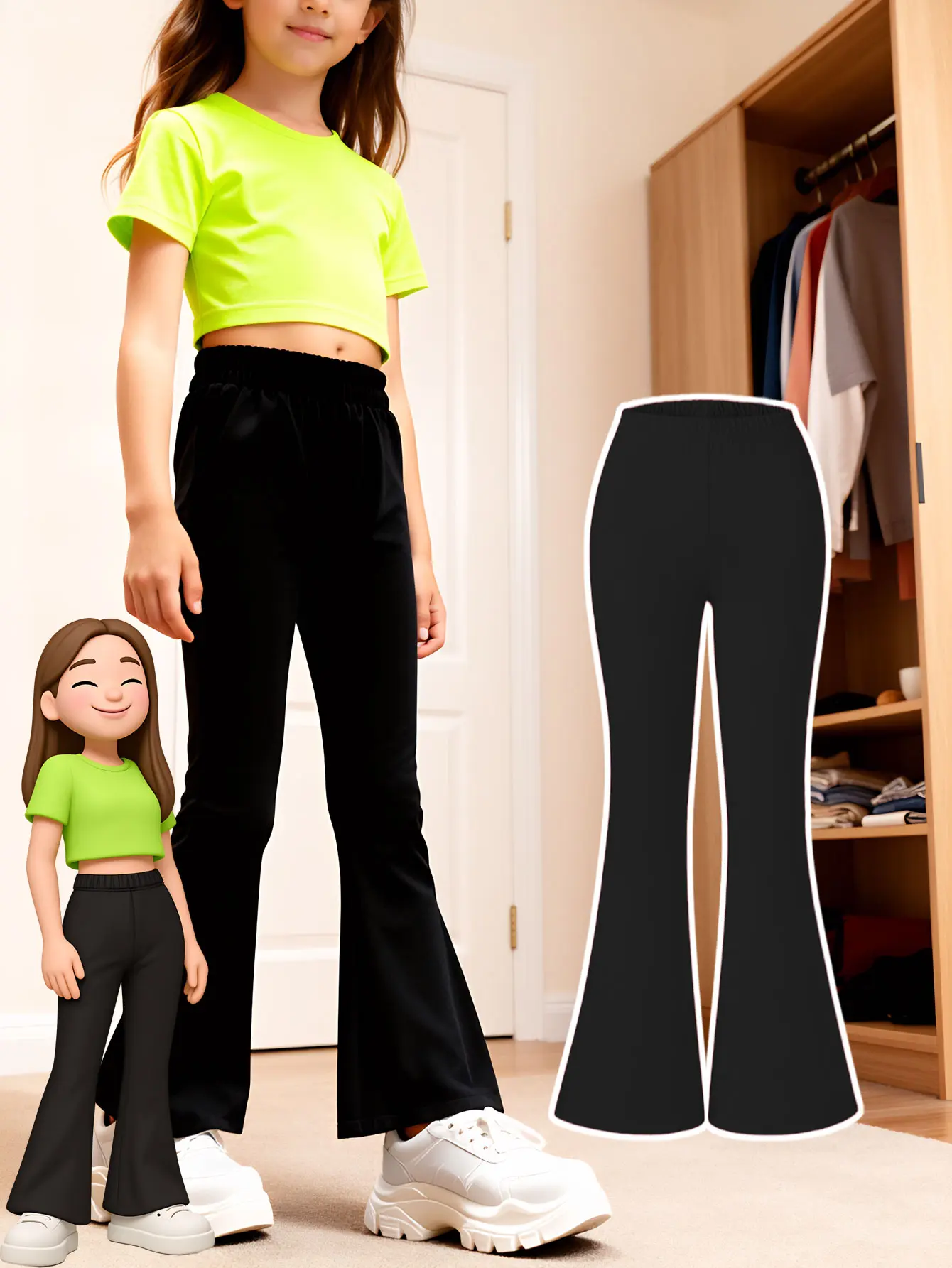 Flare Leggings for Girls & Teens, Low-Rise Stretchy Polyester Bell Bottom Pants for Casual Wear, Black (1-4 Pack)