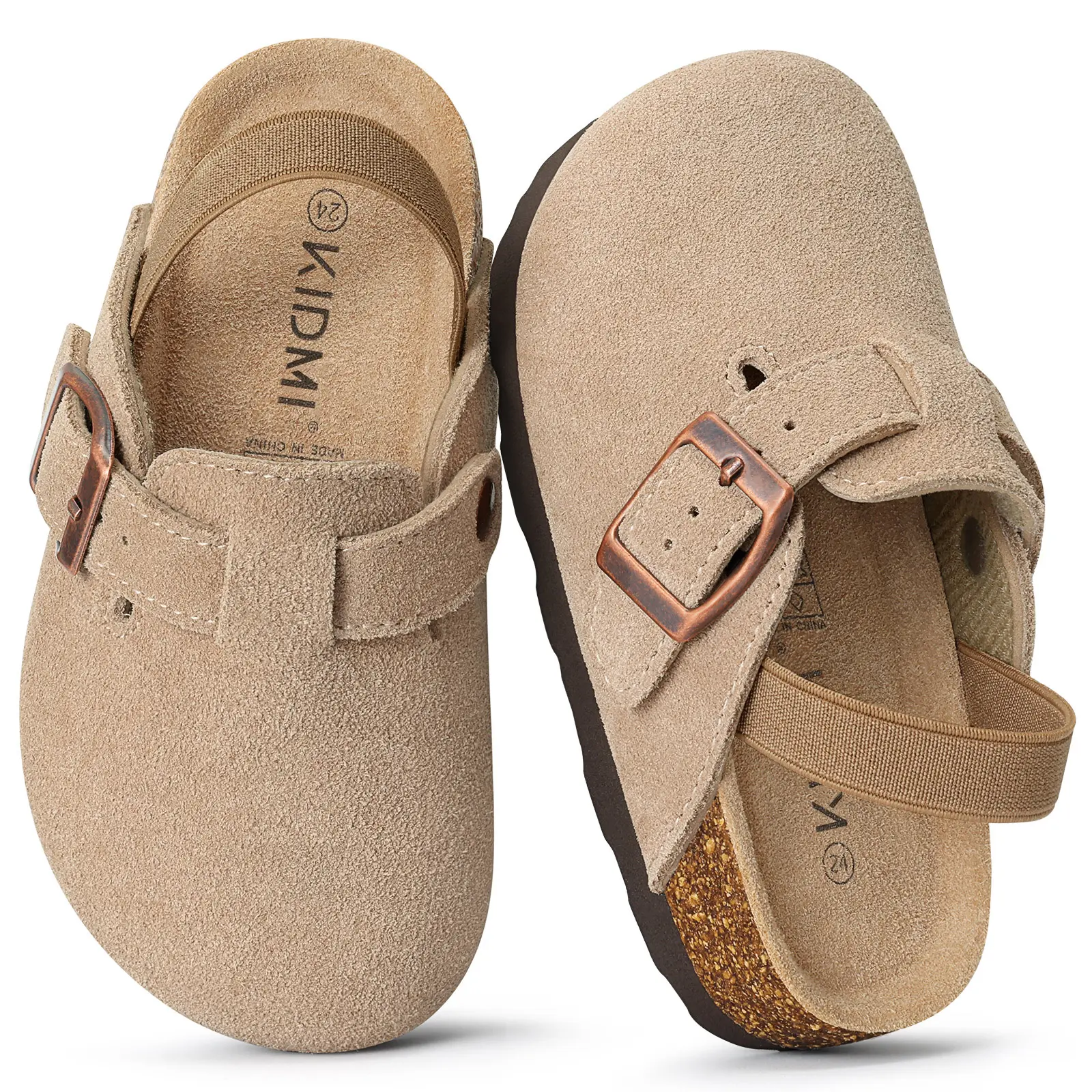 KIDMI Kids Genuine Suede Clogs,Toddler Soft Cork Footbed Leather Mules Comfort Shoes With Elastic Back Strap And Adjustable Buckle Comfortable Slip On Mules For Girls Boys Indoor/Outdoor Versatility.