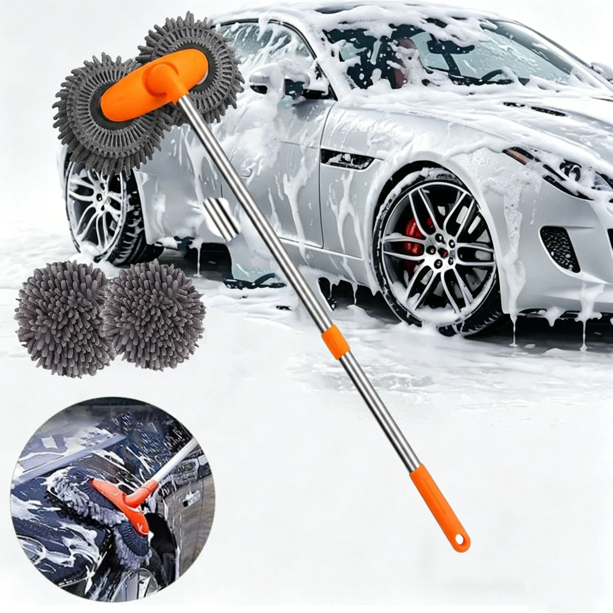 360° Rotating Double Head Car Wash Brush Retractable Long Handle Car Cleaning Mop Kit with Microfiber Squeegee & Windshield Pads Detachable Car Wash Mitt for Vehicle Window Home Cleaning