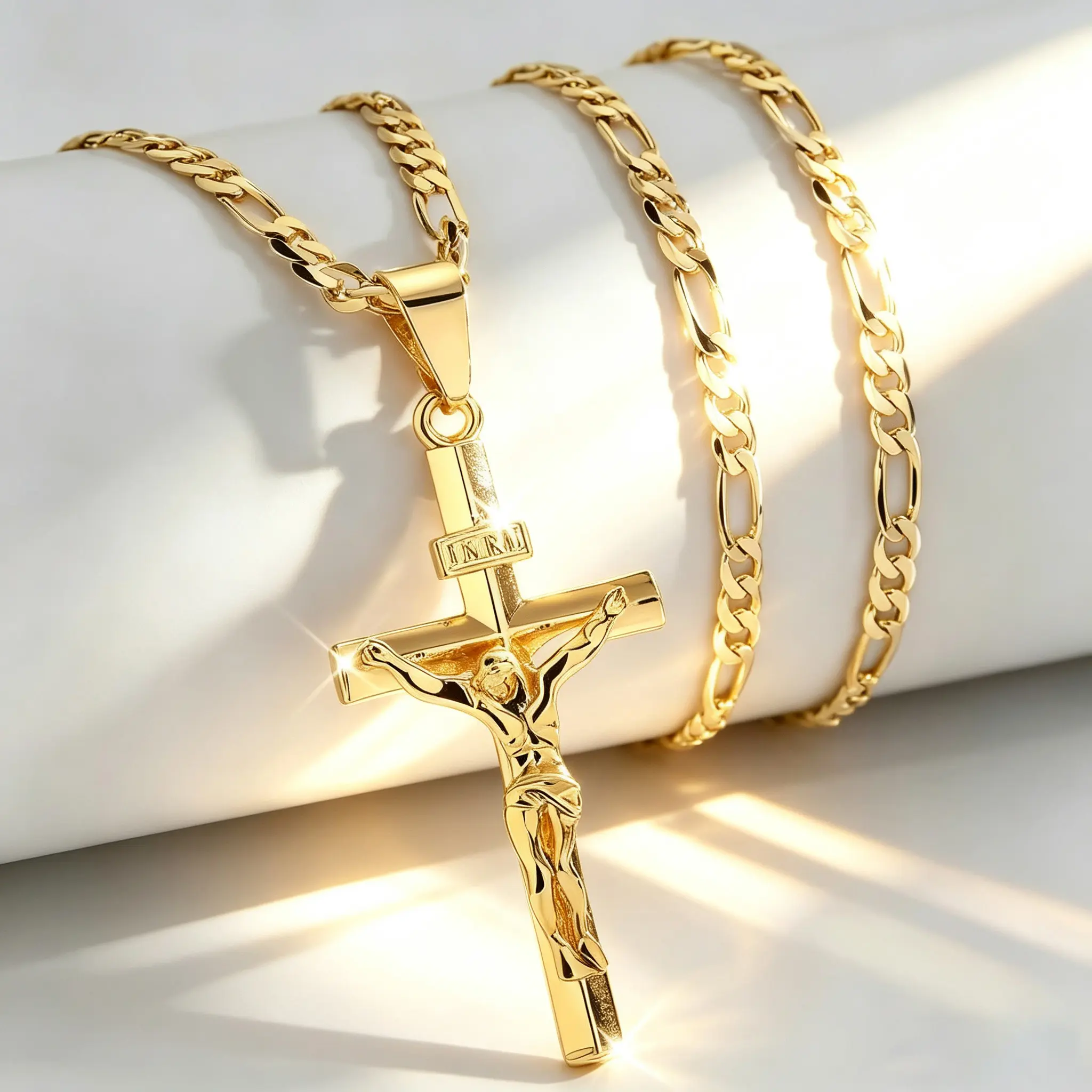 14K Gold Plated Jesus Crucifix Pendant Necklace for Men, Vintage style Smooth 22 Inch figaro chain religious cross jewelry Christian elegant Jewelry – Ideal for Prayer, Holiday Blessings & Everyday Wear, Durable Faith Gift
