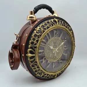 Steampunk PU Clock Bag Brown Filigree Design and PU Leather Strap for Unique Timekeeping