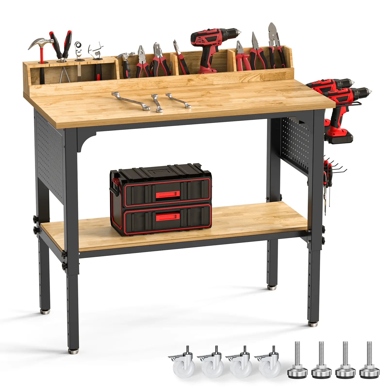 48 in Heavy-Duty Adjustable Height Workbench with Pegboard Side, 4 Tool Slots, Power Outlet, Wheels, Cable Management, Storage Shelf Organizer, 2200 LBS Load Capacity, All-in-1 Charging Station, Easy Assembly for Shop, Warehouse Use, All-In-One Charging S