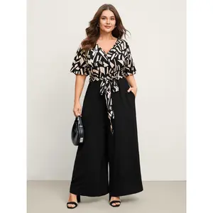 【Summer Turn-Up】BlOOMCHIC Plus Size Geometric Pattern Contrast Pockets Jumpsuit [M-6X] 2026 Summer Pick for Mother's Day