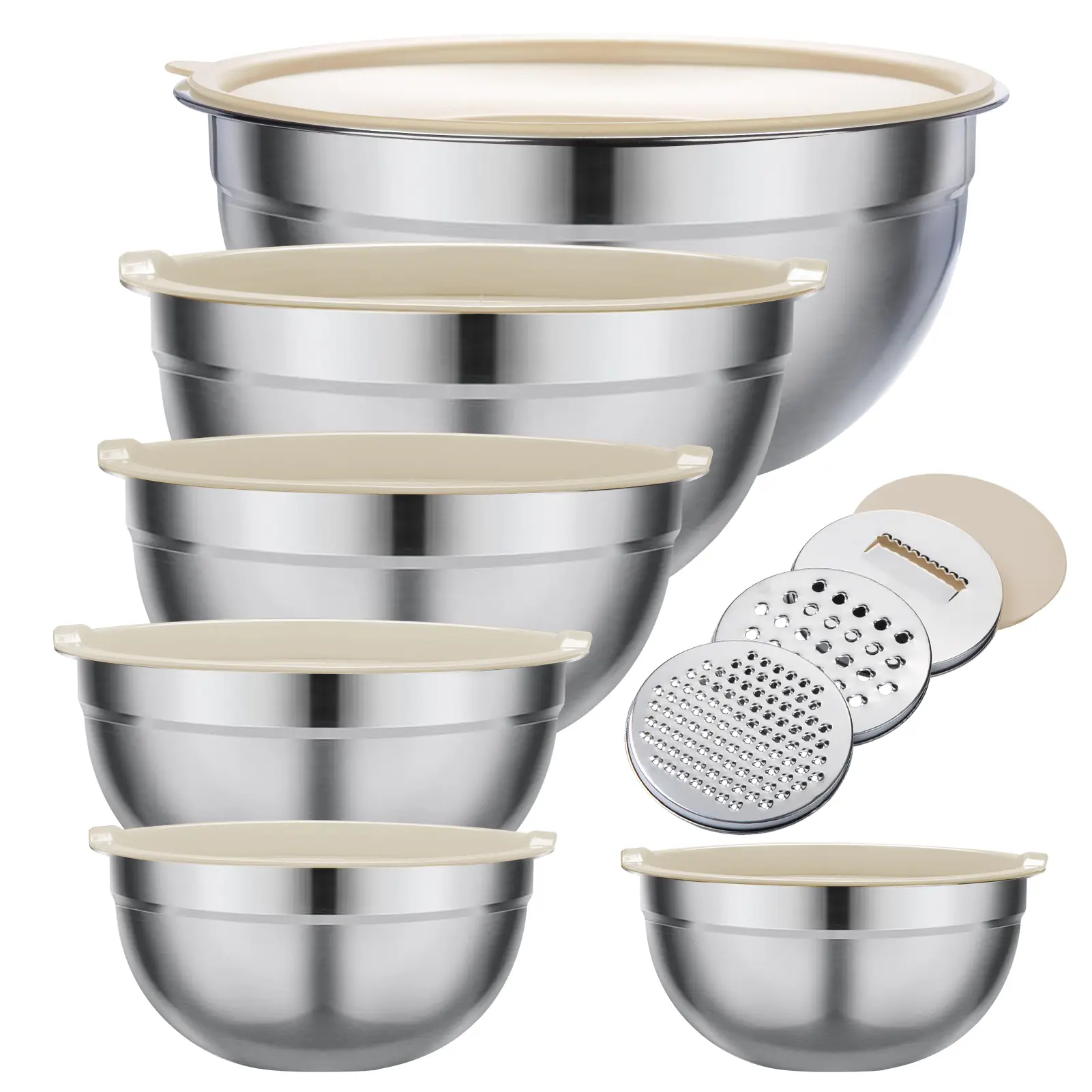 Mixing Bowl Set, 6 PCS Stainless Steel Mixing Bowls with 3 Grinder Attachments, Large Capacity Mixing Bowl Kitchen Food Organizer Nesting Mixing Bowls Tableware Durable Multifunction