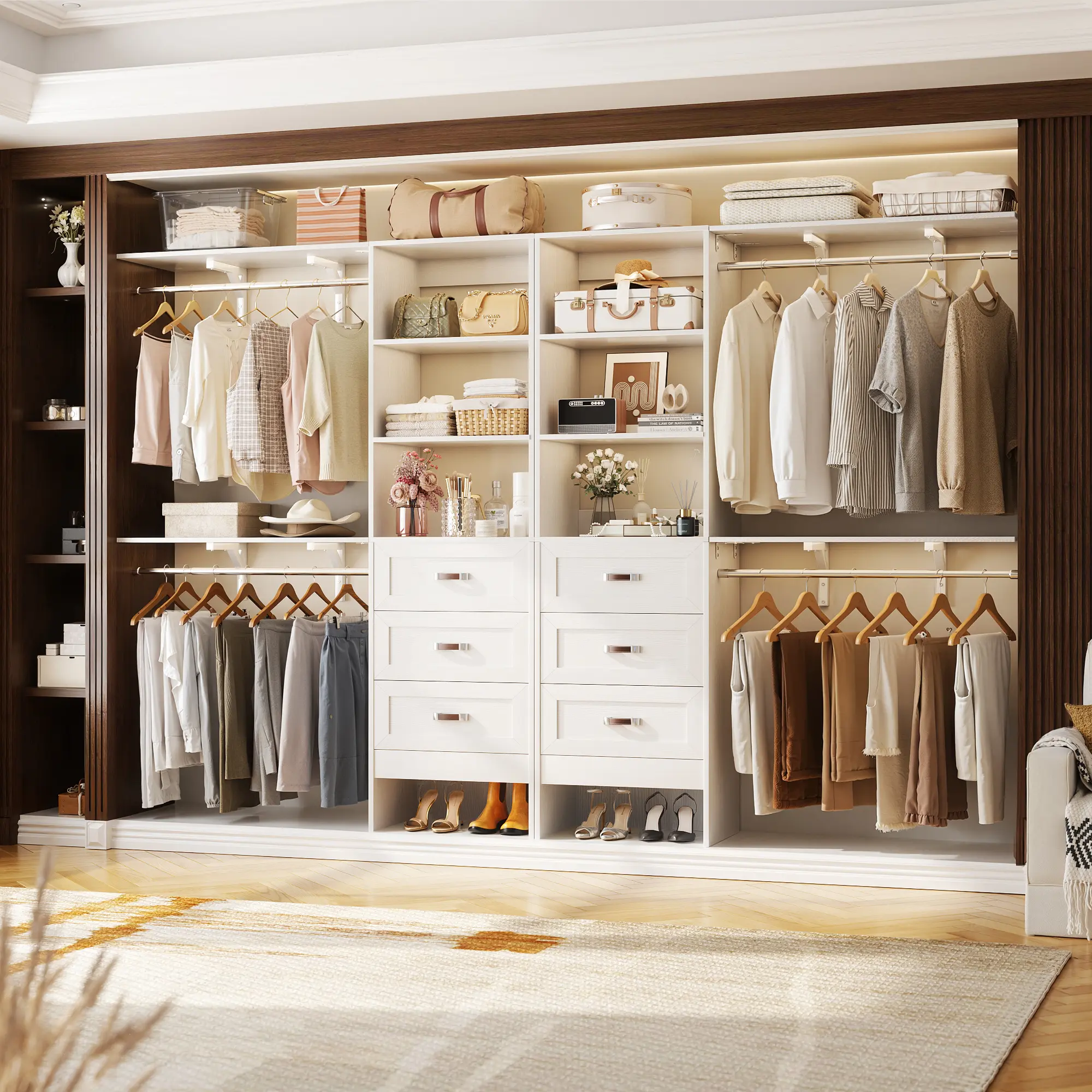Unikito DIY Modern Closet System, 96-Inch Adjustable Wardrobe 3 Curved Drawers, Cut-to-Fit Shelves, Heavy-Duty Construction, Customizable Storage for Small Spaces