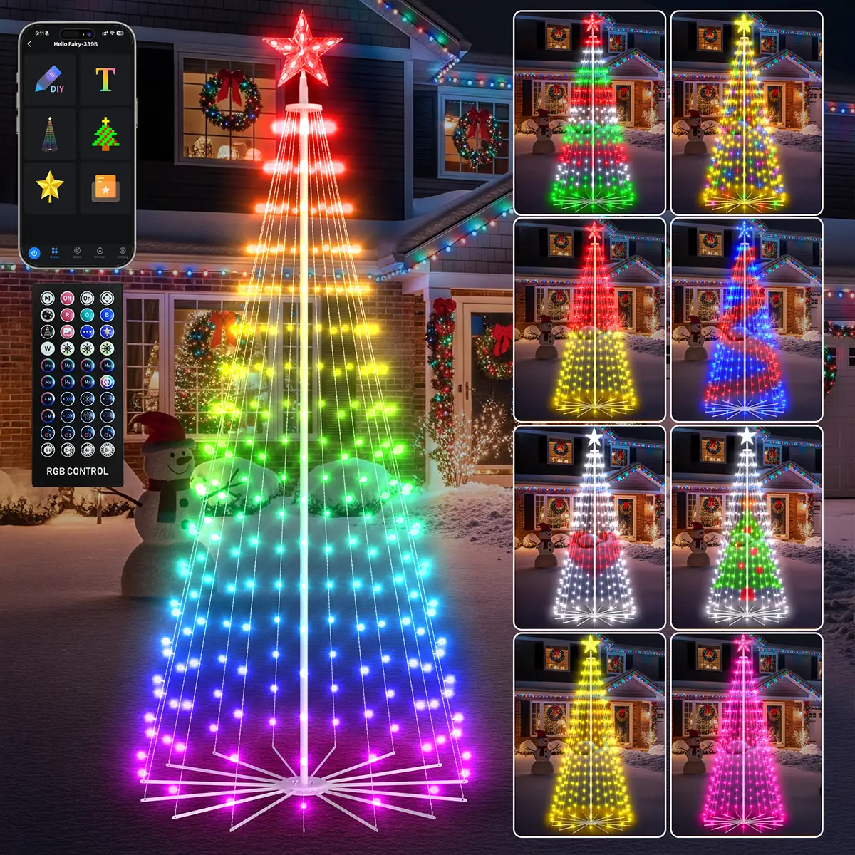Avatar Controls 6FT/8FT/9FT/12FT Outdoor Christmas Cone Tree Decorations, Smart App-Controlled Pre-Lit Multicolor Christmas Trees with DIY Patterns, Remote Control, Music Sync, Timer, and Waterproof Magical String Lights for Holiday