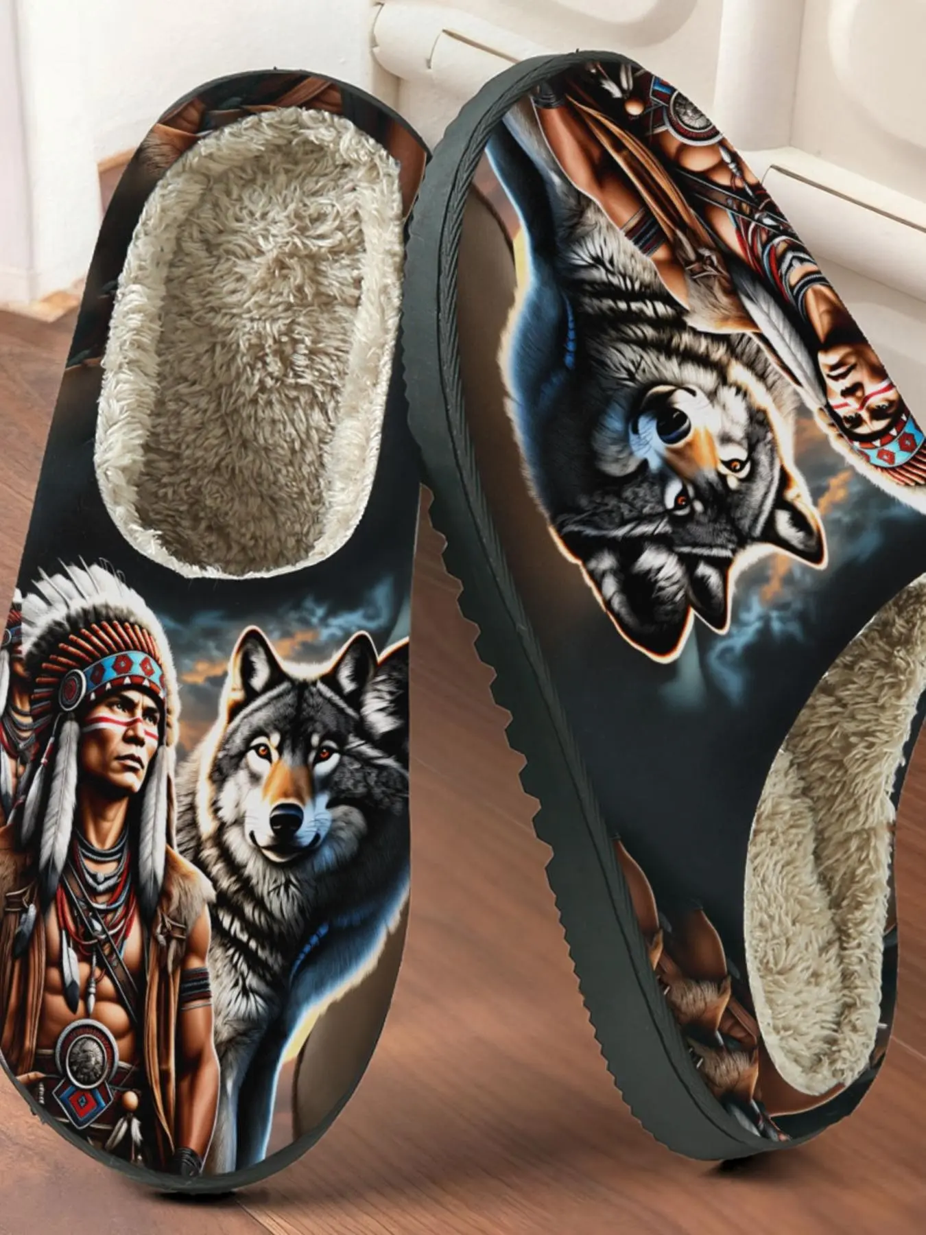 Indian Totem Wolf Print Cotton Slippers, Tribal Wild Style, Fuzzy Lined Anti-Slip Thick Sole, Home Use Men Women Fall Winter Warm Shoes Rubber