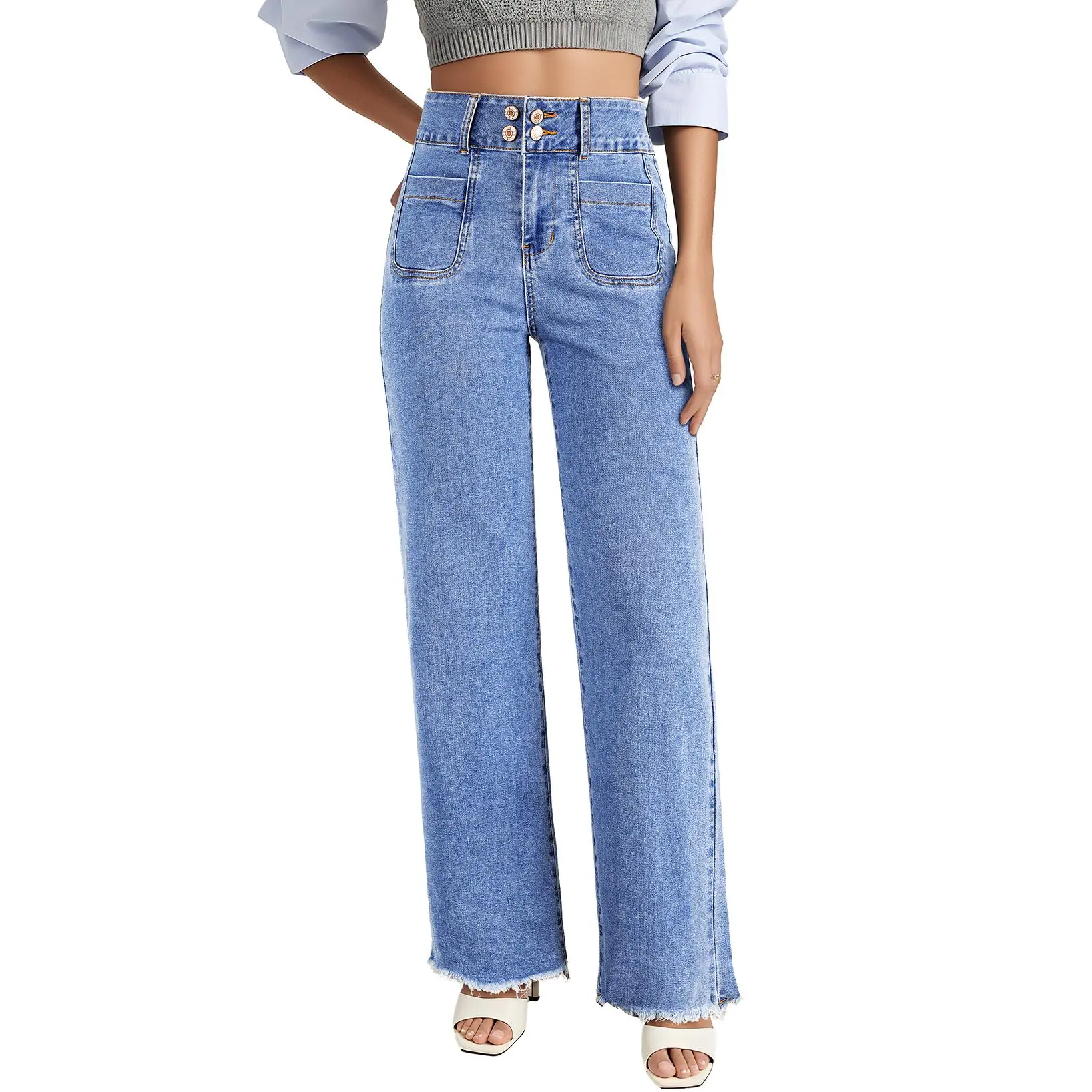 EVALESS Women's Wide Leg Jeans High Waisted Button Stretchy Frayed Hem Loose Straight Jean Denim Pants 2026 Trendy Womenswear Outfits  Deals For You Days summer outfits