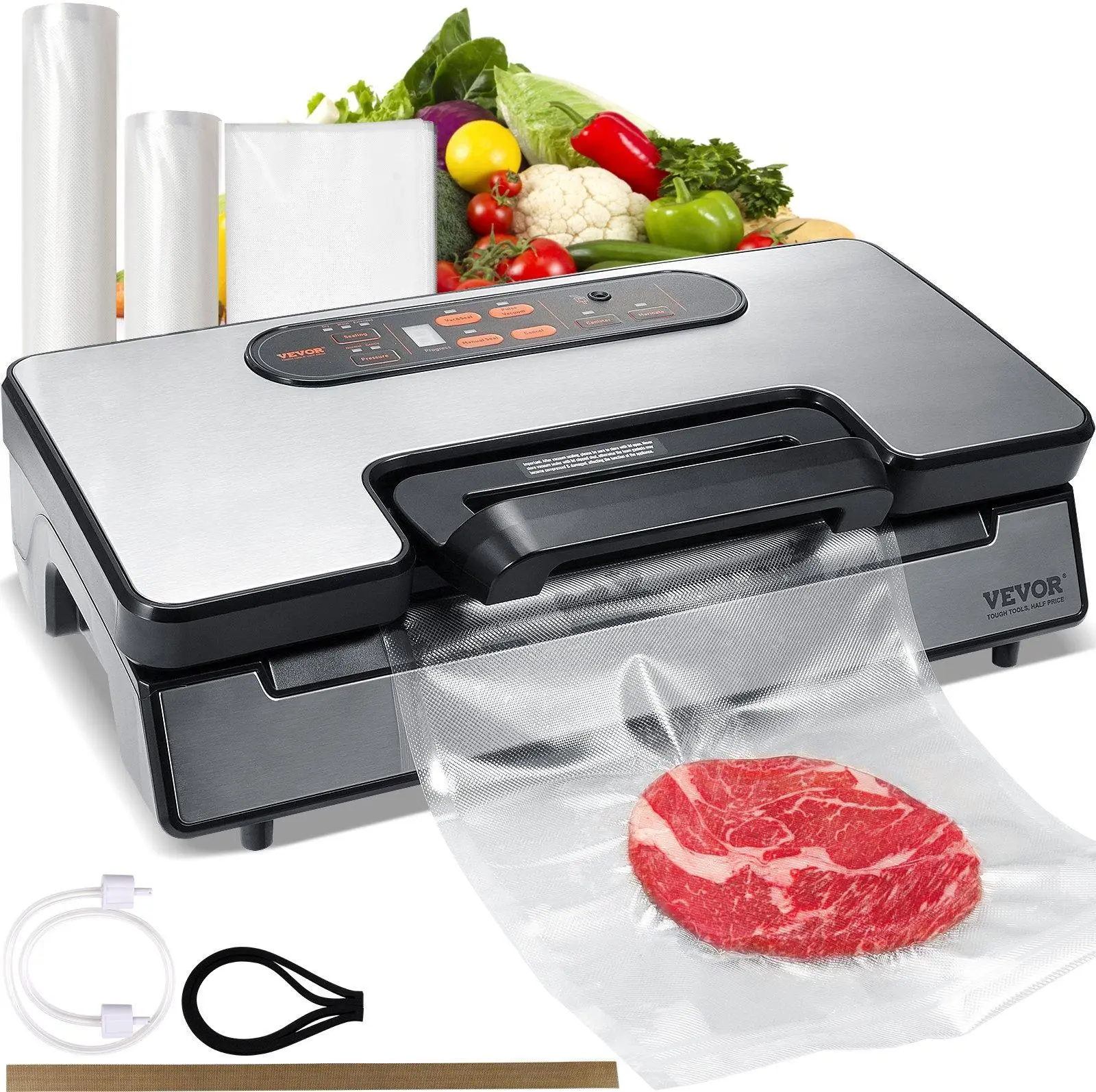 【Summerfinds】VEVOR Vacuum Sealer Machine - 90Kpa Power, 130W Powerful Dual Pump & Dual Sealing, Continuous Cooling System, Aluminum Base, Dry/Moist Food Storage, Auto/Manual Air Sealing, Built-in Cutter, Vacuum Sealer Bags & External Hose