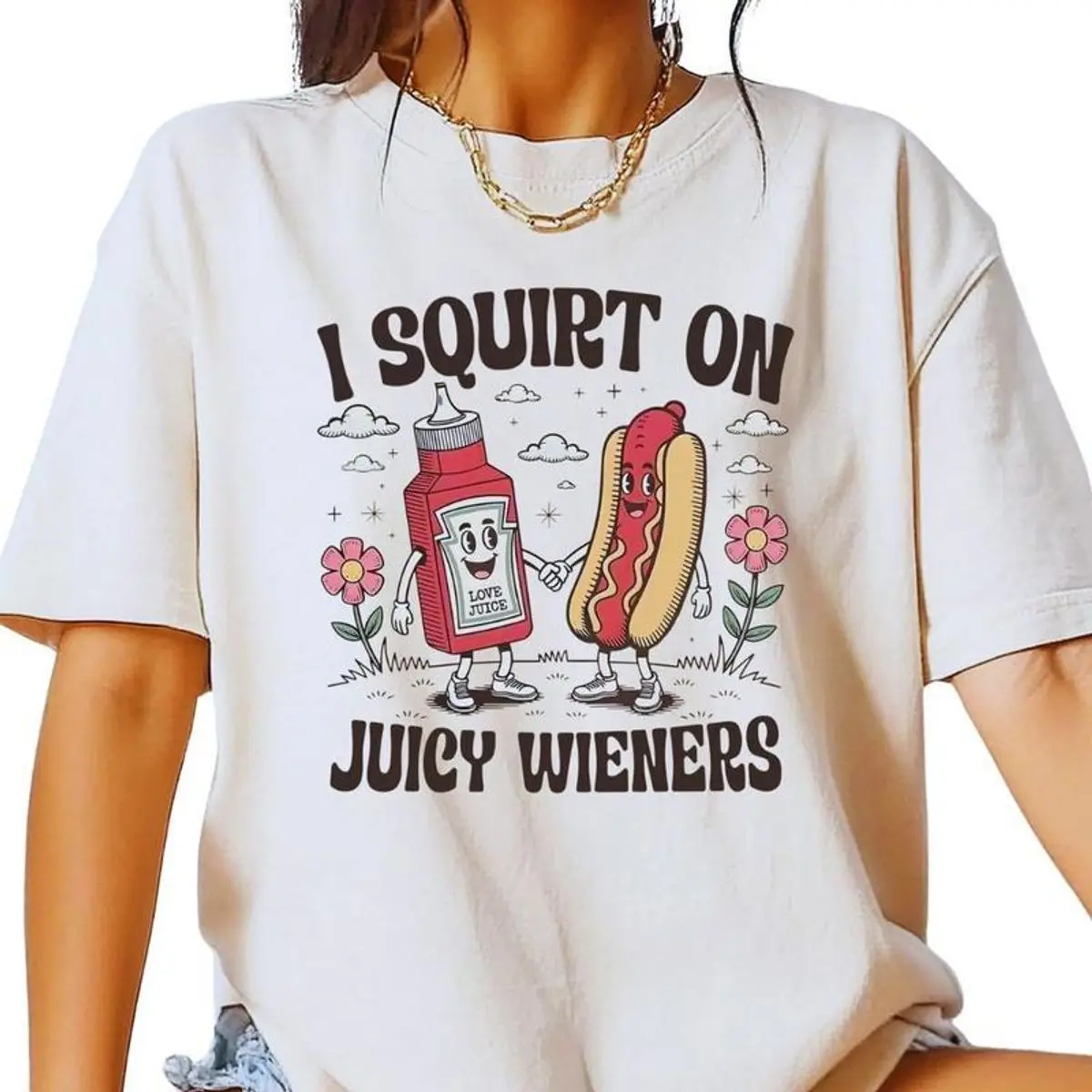 Juicy Wieners Shirt, Graphic T Shirt, Funny Hot Dog And Ketchup Cartoon Sweatshirt, Humorous Hoodie, Gift For Food Lovers, Unisex Sweater Pullover Tee