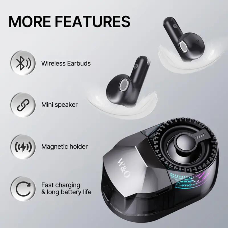 Portable Magnetic Bluetooth Speaker & Wireless Earbuds Combo with RGB Lights, 3-in-1 Travel Gadget, Magnetic Mount Phone Holder for Music Lovers