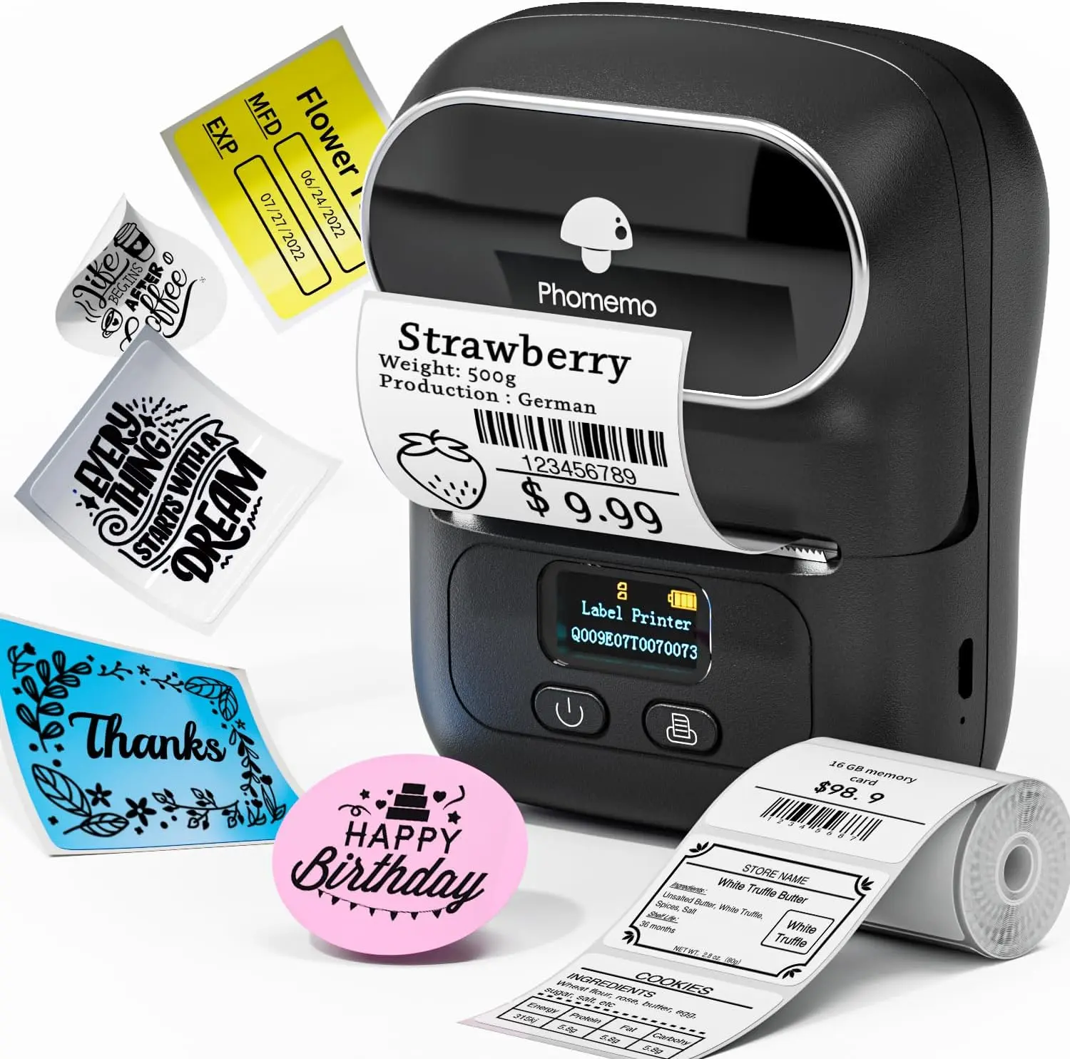 Phomemo M110 Portable Thermal Label Printer, Bluetooth Label Maker Machine for iOS & Android, Barcode Label Printer Machine for Small Business, Address, Office, with 1 Roll 40x30mm Label